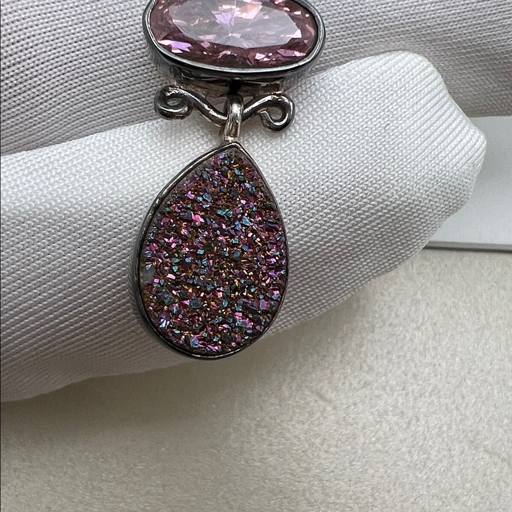 Elegant Drusy, Titanium & Rose Quartz Iridescent Crystal Mesh Tube Necklace NIB - Picture 12 of 17